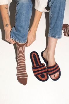 Same day shipping on Beklina. Hand crocheted slides, , soft leather moccasin style padded sole. Made completely by hand. Fabric is 100% Peruvian cotton. Made fairly in Peru. Crochet Slides, Navy Crochet, Moccasins Style, Leather Moccasins, Custom Items, Hand Crochet, Sale Design, Moccasins, Soft Leather