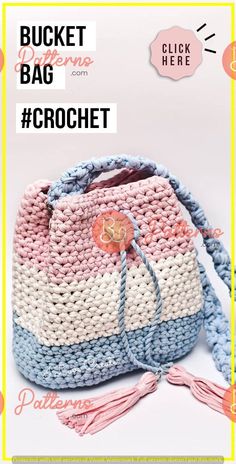 a crochet bag with the words bucketer bags written in pink, blue and white