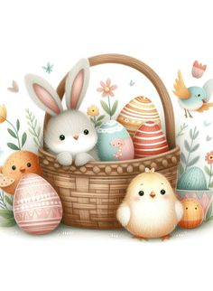 a basket filled with lots of eggs next to two small chickens and an easter bunny