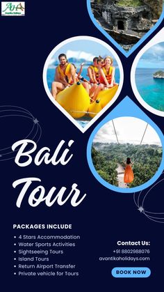 an advertisement for the bali tour with three pictures of people on a boat in the water