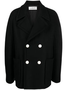 black virgin wool notched lapels double-breasted button fastening two front patch pockets long sleeves straight hem Mens Wool Coats, Coats Black, Double Breasted Coat, Parisian Chic, Short Coat, Mens Outerwear, Outerwear Coats, Luxury Retail, Lanvin