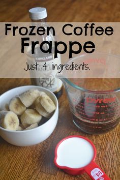 ingredients to make frozen coffee frappe on a wooden table with text overlay that reads, frozen coffee frappe just 4 ingredients