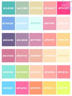 the color chart for different types of colors in each section, including blue, pink, yellow