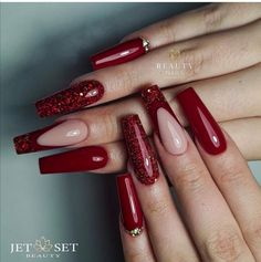 Sweet 16 Nails Acrylic Red, Nails Acrylic Red And Gold, Red Sweet 16 Nails, Medium Red Nails, Sweet 16 Nails Acrylic, Nails Acrylic Red, Red Sweet 16, Sweet 16 Nails, 16 Nails