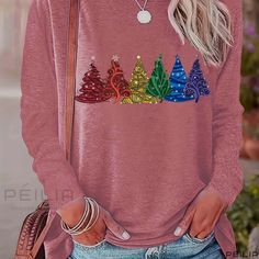 Peilia - Festive Christmas Tree Print Crew Neck Long Sleeve T-Shirt - Ideal Womens Casual Wear for Spring and Fall Seasons Christmas Tree Print, Christmas Tree Shirt, Casual Wear Women, Round Neck Shirt, Long Sleeve Tops Casual, Tree Print, Fall Outfits Women, Free Clothes, Print Tops