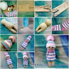 many different pictures of stuffed animals with hats and scarves on their heads, hands and feet