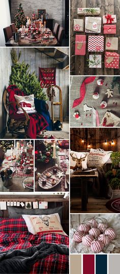 a collage of photos with red and white christmas decorations, plaid bedding, pillows, table cloths