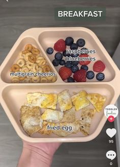 a person is holding a tray with food in it and the words breakfast on it