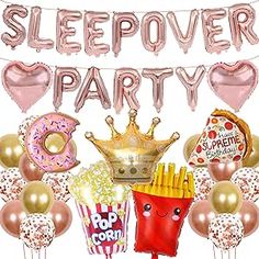 a birthday party with balloons, donuts and other items for a sleepover party