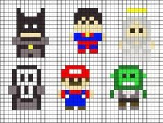 pixel art with different types of characters and colors on the screen, including batman, green lantern