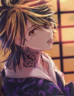 an anime character with blonde hair and tattoos on his chest, looking to the side