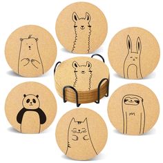 six wooden coasters with cartoon animals on them, each designed to look like an animal