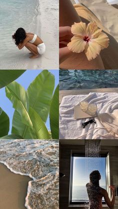 a collage of photos with flowers, water, and people in the sand at the beach