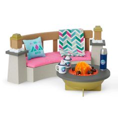 American Girl Corinne Ski Lodge Fire Pit Retired Playset - BNIB  | eBay Fire Pit Bench, American Girl Doll Furniture, Curved Bench, American Girl Doll Accessories, Cozy Accessories, Doll Food, Ski Lodge, Toy Kitchen, Doll Shop