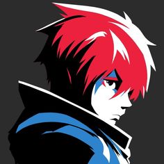 an anime character with red hair and blue eyes looking to his left, in front of a black background