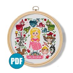 a cross stitch pattern with the name aurora in front of it and an image of princesses