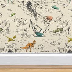 an animal themed wallpaper with dinosaurs and other animals in the foreground, on a beige background