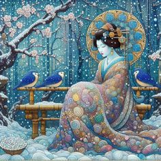 a painting of a woman sitting on a bench in the snow with two birds perched on her shoulder