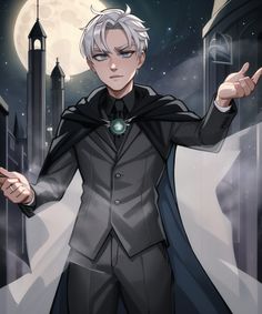 an image of a man with white hair and grey hair wearing a black suit, standing in front of a full moon