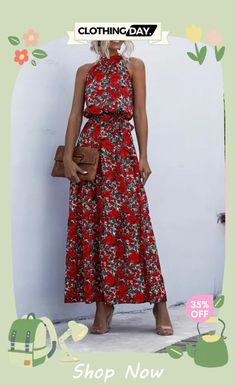 Vacation Halter Printed Sleeveless Dress Non-stretch Sleeveless Beach Dress For Spring, Non-stretch Sleeveless Maxi Dress For Spring, Non-stretch Sleeveless Floral Dress, Floral Print Non-stretch Sleeveless Dress, Spring Non-stretch Sleeveless Midi Dress, Non-stretch Halter Neck Maxi Dress For Spring, Spring Midi-length Non-stretch Sleeveless Dress, Casual Floral Print Maxi Sleeveless Dress, Casual Sleeveless Sundress Maxi Dress