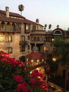 a building with lots of windows and flowers in the foreground at dusk, next to some palm trees