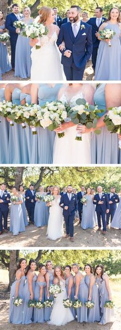 the bride and groom are posing for pictures with their bridal party