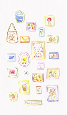 a drawing of many different items on a white surface