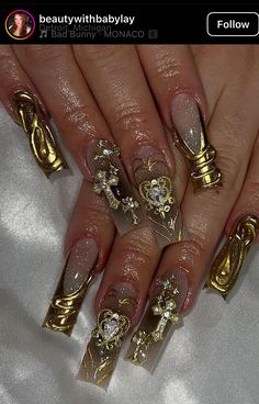 Long Square Nails With Charms, Crystal Nail Designs Short Nails, Red Gold Nails Acrylic, Complex Nails Design, Gold Nails Extra, I <3 Me Nails, Exaggerated Nails, Vintage Style Nails, Coffin Vs Square Nails