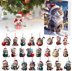 a bunch of ornaments hanging from a christmas tree next to a card with an image of a cat on it