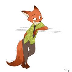 a drawing of a fox wearing a tie and green shirt with his arms folded out