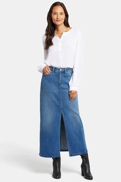 How to Style A Denim Maxi Skirt if You're Over 50 - Natty Gal Long Denim Jean Skirt Outfits, Denim Skirts For Women Over 50, Style A Long Denim Skirt, How To Wear A Long Jean Skirt, How To Style Denim Maxi Skirt, Styling A Denim Skirt, How To Style Long Jean Skirt, Denim Jean Skirt Outfits