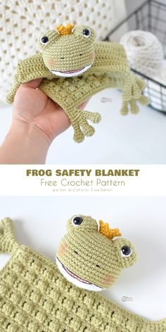 crocheted frog safety blanket is shown in two different views