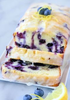 lemon blueberry bread on a white plate