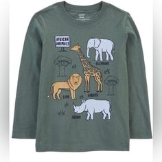 Carter’s Toddler Safari Animals Graphic Long Sleeve Tee - Green - 2t Long Sleeves Ribbed Neckline Brand New With Tags, Still In Original Shipping Packaging Fabric & Care: 100% Cotton Lightweight Jersey Imported Machine Washable Long Sleeve Tops With Dinosaur Print For Playtime, Cotton Top With Dinosaur Print For Fall, Cotton Tops With Dinosaur Print For Fall, Cotton Long Sleeve Tops With Dinosaur Print, Long Sleeve Cotton Tops With Dinosaur Print, Long Sleeve Cotton Top With Dinosaur Print, Casual Dinosaur Print Tops For Fall, Casual Green Dinosaur Print Tops, Long Sleeve Top With Dinosaur Print For Fall