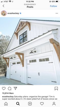 an instagramted photo of a white house with two garage doors and one window