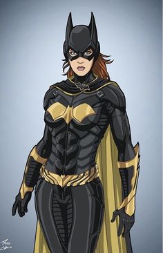 a woman dressed as batgirl standing in front of a gray background and wearing a yellow cape