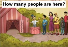 an image of people standing in front of a circus tent with the caption how many people are here?