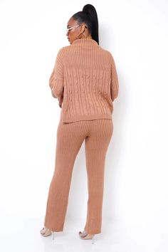 Allure Knit  Pant Set - Rehabcouture Fitted Knit Pants For Loungewear, Stretch Winter Loungewear Pants, Knit Pants For Loungewear, Winter Stretch Loungewear Pants, Stretch Pants For Winter Loungewear, Cozy Soft Knit Pants For Fall, Stretch Soft Knit Solid Bottoms, Chic Solid Color Knit Pants, Brown Knit Bottoms For Loungewear