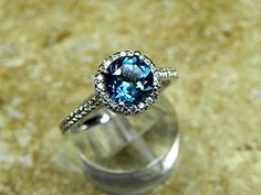 AAAA 7.00 mm Round Natural London Blue Topaz by mastergoldcraft Gold Halo Ring, London Blue Topaz Ring, Gold Halo, White Gold Jewelry, Sapphire Engagement, Blue Topaz Ring, London Blue Topaz, Halo Ring, London Blue