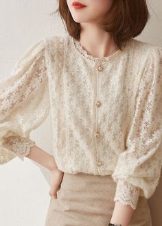 Plus Size Beige Hollow Out Button Lace Patchwork Tops Lantern Sleeve Áo Blu, Long Sleeve Blouses, Patchwork Top, Loose Long Sleeve, Mode Casual, Crochet Woman, French Chic, Lace Crochet, French Lace