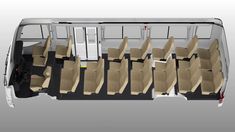 the rear view of a bus with seats arranged in rows and back doors open,