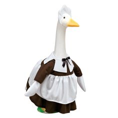 a white duck wearing a brown and white dress