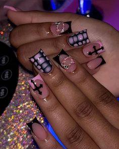 Pink Black Nails, Pink Tip Nails, Acrylic Nail Set, Hard Nails, Colored Acrylic Nails, French Tip Acrylic Nails, French Acrylic Nails, Dope Nail Designs