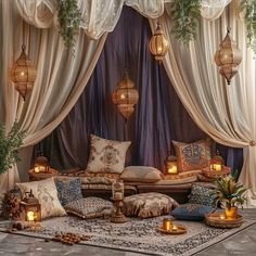 a living room filled with lots of pillows and lights on top of a rug covered in curtains