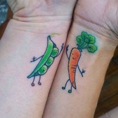 two wrist tattoos with peas and carrots on them