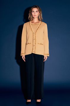 Layer up in style with this Chain Trim Cardigan. This V-neck cardigan features long sleeves and a center front button closure. Buttons at the front pockets give this cardigan a polished touch. The chain trim detail adds a touch of edge to this otherwise classic cardigan. Layer it over a blouse for work or a tee for a casual weekend look. V neckline Long sleeves Center front button closure Trim details Front pockets with button Hand wash cold Do not bleach Do not tumble dry Iron low Shell: 67% Ac Blouse For Work, Short Summer Skirts, Classic Cardigan, Casual Weekend, Tweed Dress, V Neck Cardigan, Sequin Fabric, Heat Styling Products, Summer Skirts