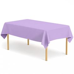 a purple table cloth with wooden legs