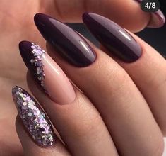 Dark And Glitter Nails, Formal Event Nails Black Tie, Almond Dip Nail Designs, Nails Collection, Sassy Nails, Sparkle Nails, Oval Nails, Dipped Nails, Classy Nails