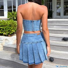 Orcajump - Womens Sleeveless Bandeau Denim Dress with High Waist and Sexy Navel-revealing Design Pleated Mini Skirts, Pleated Denim Skirt, Dress Sets, 2 Piece Skirt Set, Middle Age Fashion, High Waist Skirt, Long Midi Dress, Womens Dress Pants, Solid Clothes