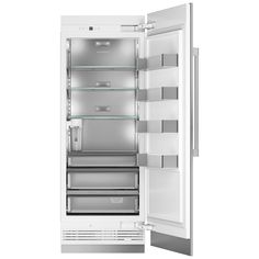 an open refrigerator freezer with its door ajar and no ice maker on the right side